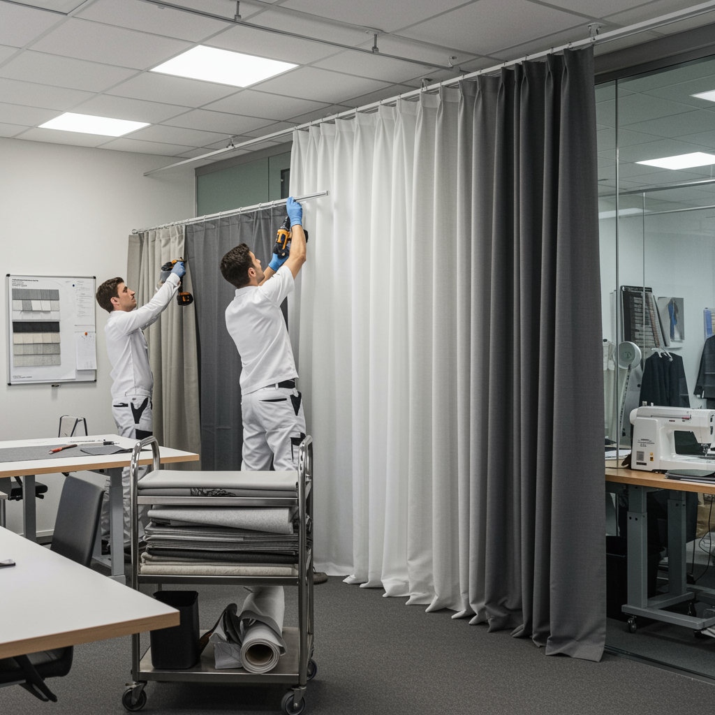 "Instalación de cortinas ignífugas en oficina moderna en Portugal, destacando la meticulosa labor de técnicos en textiles contractuales."