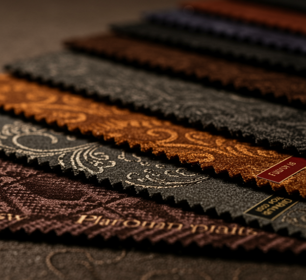 imagen2 "Primer plano de muestras de tela de lujo ignífuga con texturas decorativas y etiquetas de certificación, iluminadas suavemente sobre una superficie texturizada."