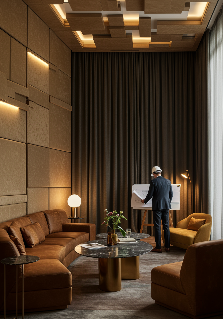 "Renderizado fotorrealista de un lujoso interior público con cortinas ignífugas, paneles acústicos y un arquitecto revisando planos en un ambiente sofisticado."