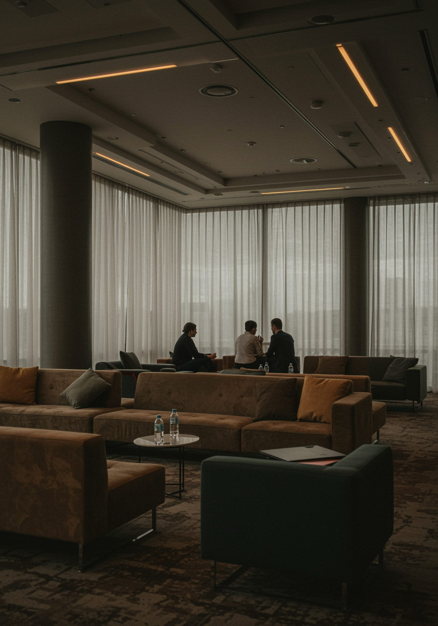 imagen3 "Salón de conferencias de hotel amplio con cortinas ignífugas, asientos contemporáneos y vistas urbanas, ideal para eventos profesionales."