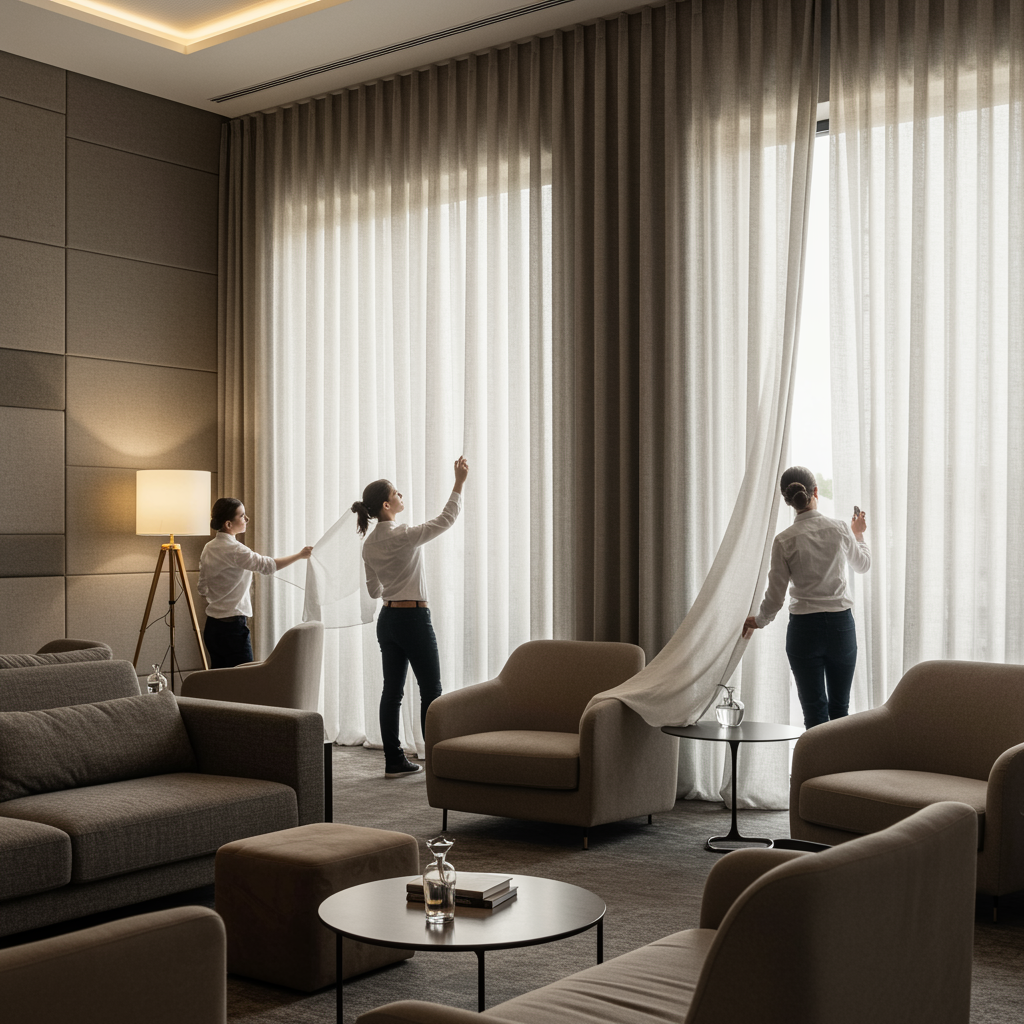 "Interior de un lujoso salón de hotel contemporáneo con ventanas de piso a techo, cortinas ignífugas y diseñadores revisando detalles de decoración, resaltando seguridad y confort en un ambiente elegante."