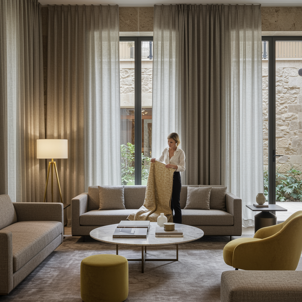 "Lobby moderno de hotel español con iluminación natural suave, diseñado para el sector contract, donde profesionales de interiorismo examinan muestras de telas en un ambiente elegante y seguro."