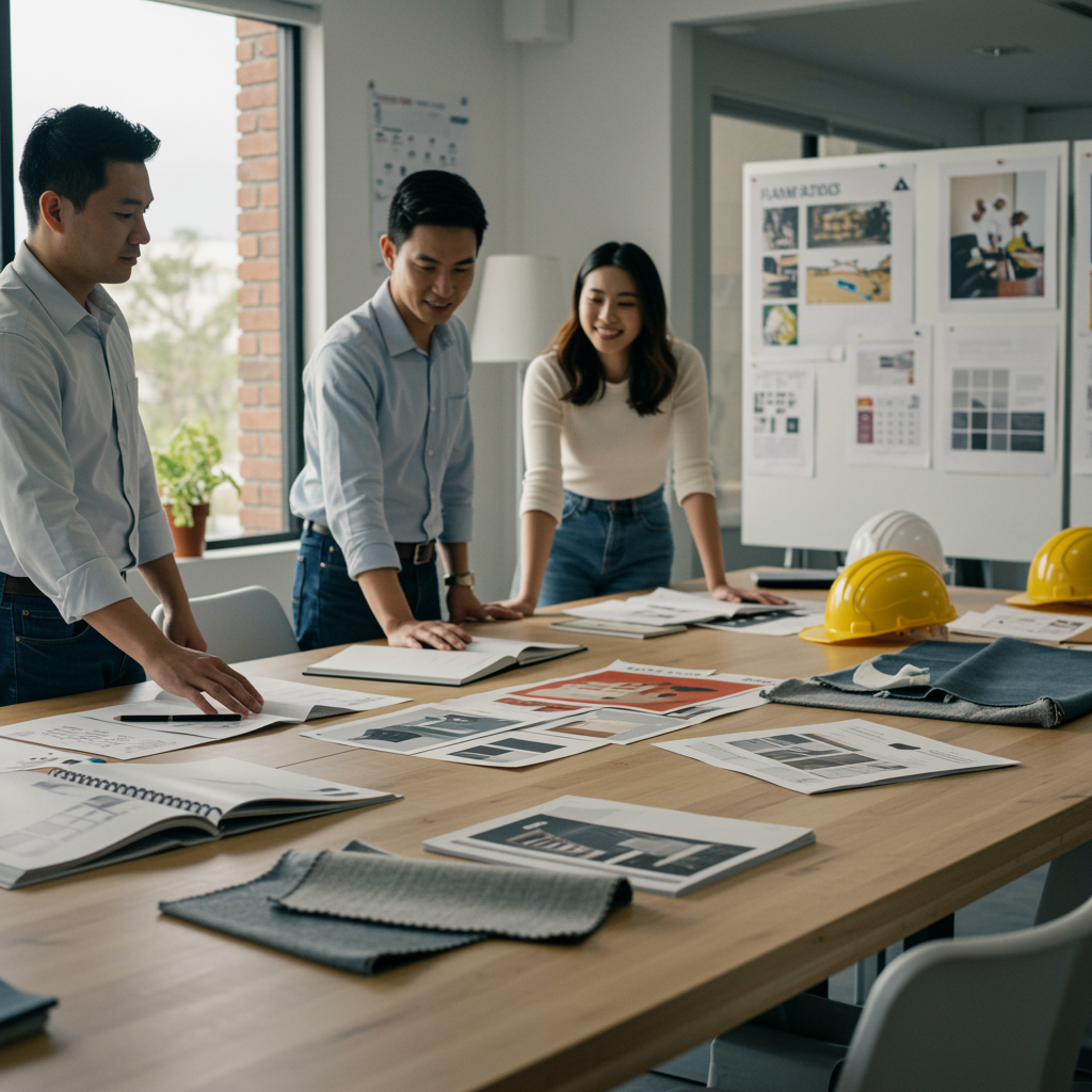 imagen5 "Estudio de diseño moderno con arquitectos e interioristas trabajando en muestras de telas ignífugas y cuadernos, iluminado por luz natural y en tonos neutros."