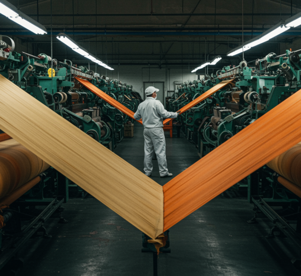 slider "Interior de una fábrica de tejidos ignífugos con telares industriales elaborando textiles decorativos, donde un trabajador inspecciona la calidad de la tela en un ambiente seguro."